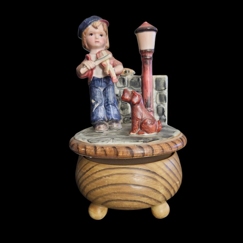Vintage Japanese Musical Figurine Boy With Dog Plays Cabaret Made in Japan